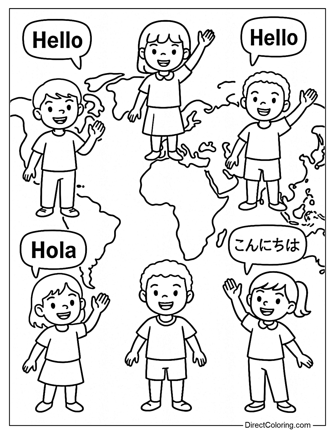 Coloring page of a world map, each continent has a child raising their hand to greet in their own language.